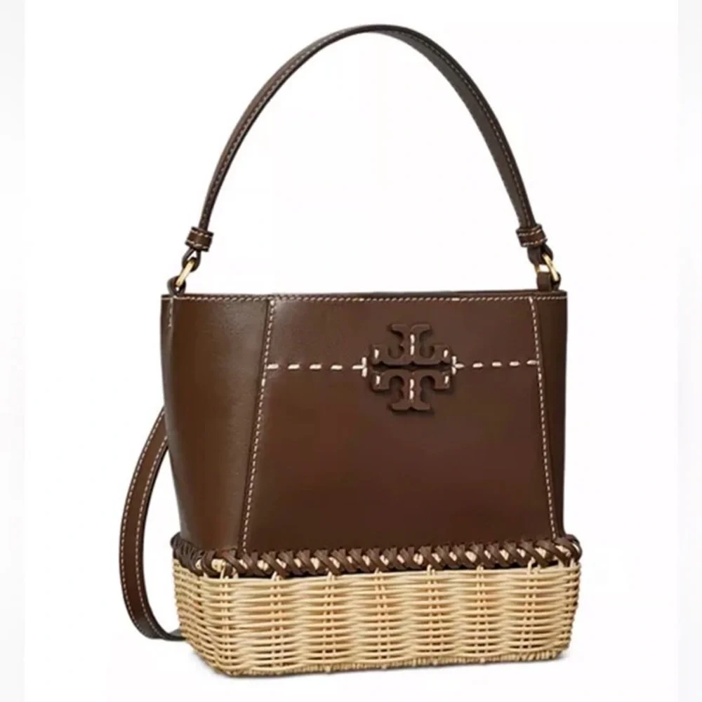 ‼️Tory Burch McGraw Small Wicker Brown Leather Bucket Bag Crossbody Bag